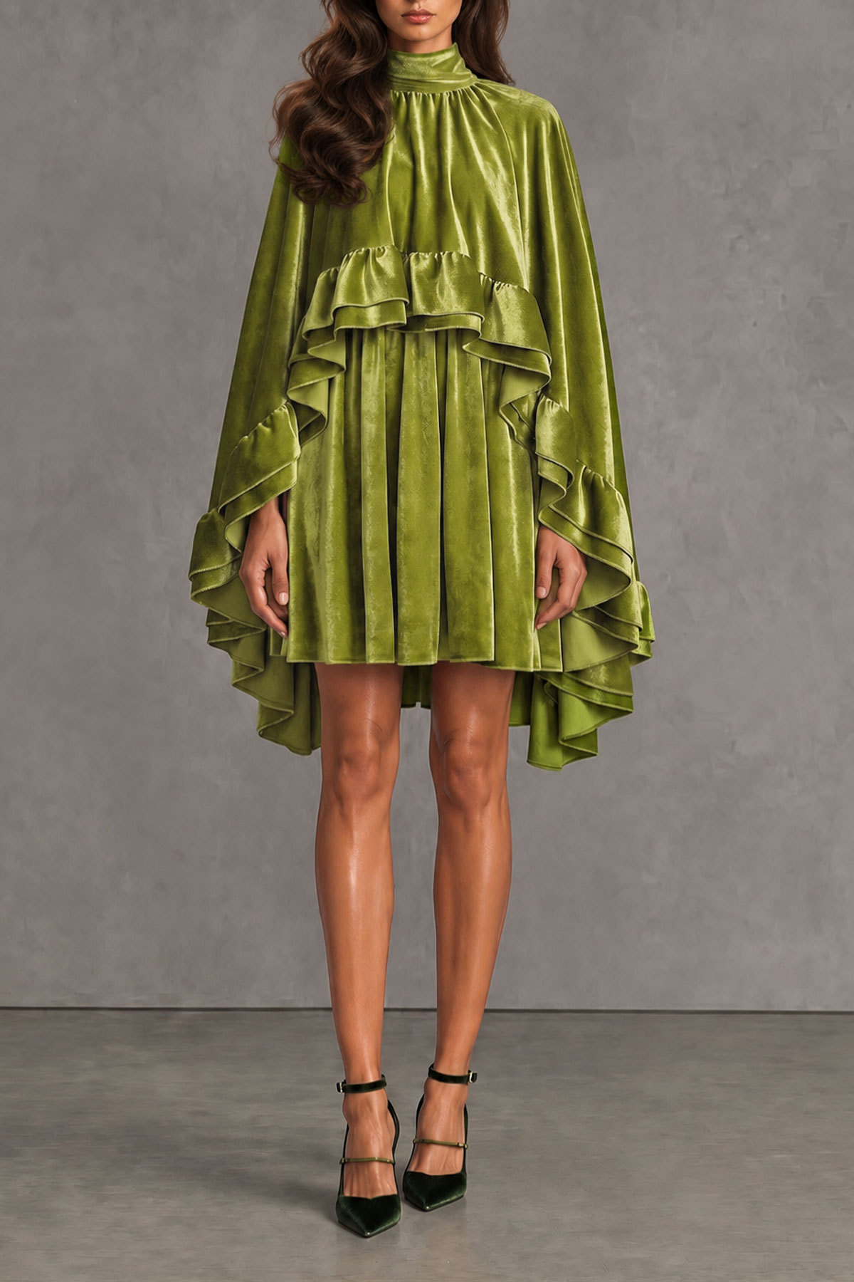 Noelle Batwing Sleeve Ruffle Mini Dress In Green