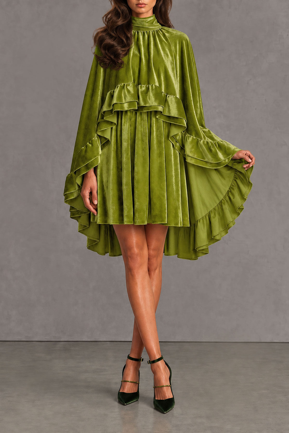 Noelle Batwing Sleeve Ruffle Mini Dress In Green