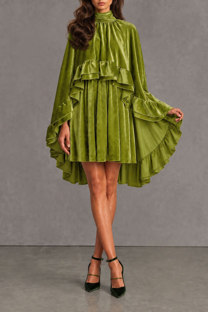 Noelle Batwing Sleeve Ruffle Mini Dress In Green