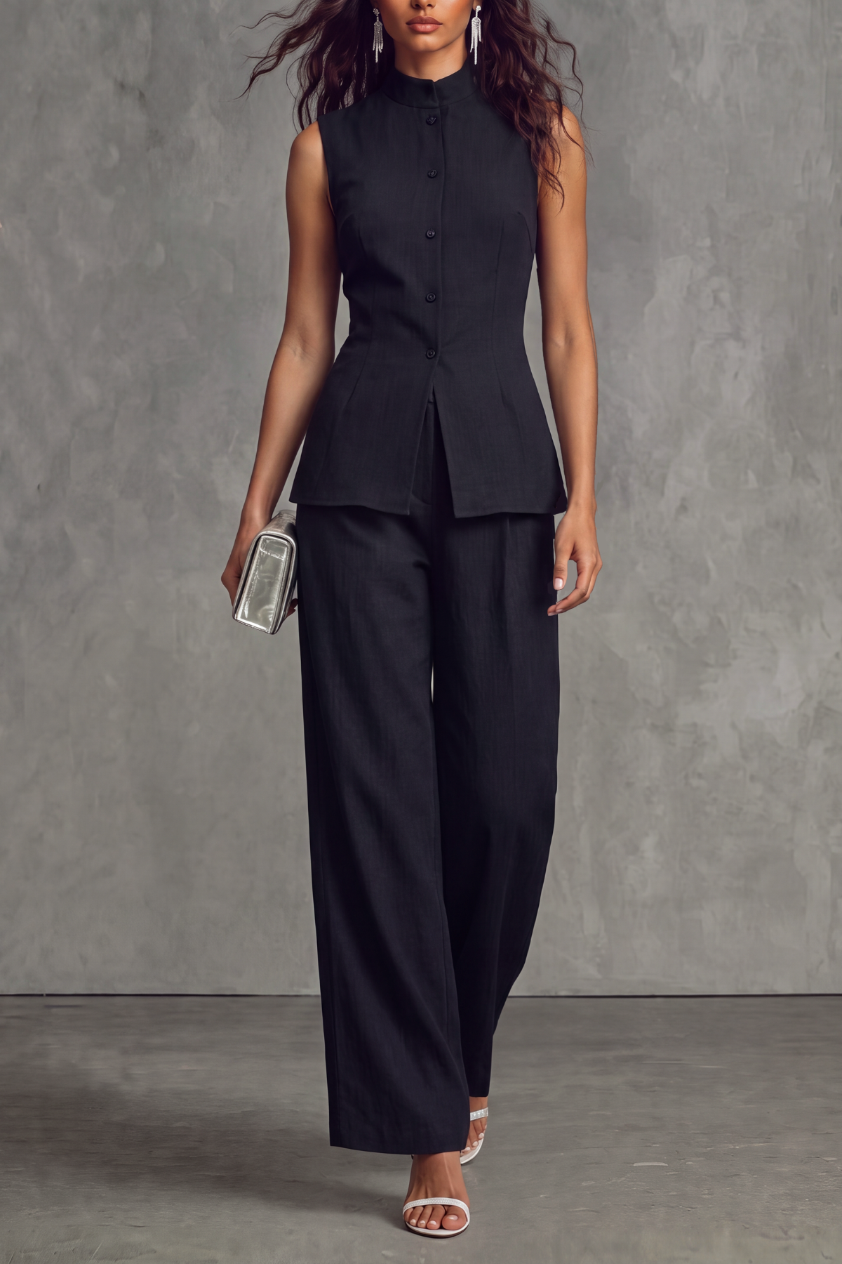 Noreva Sleeveless Button Split Pants Set In Black
