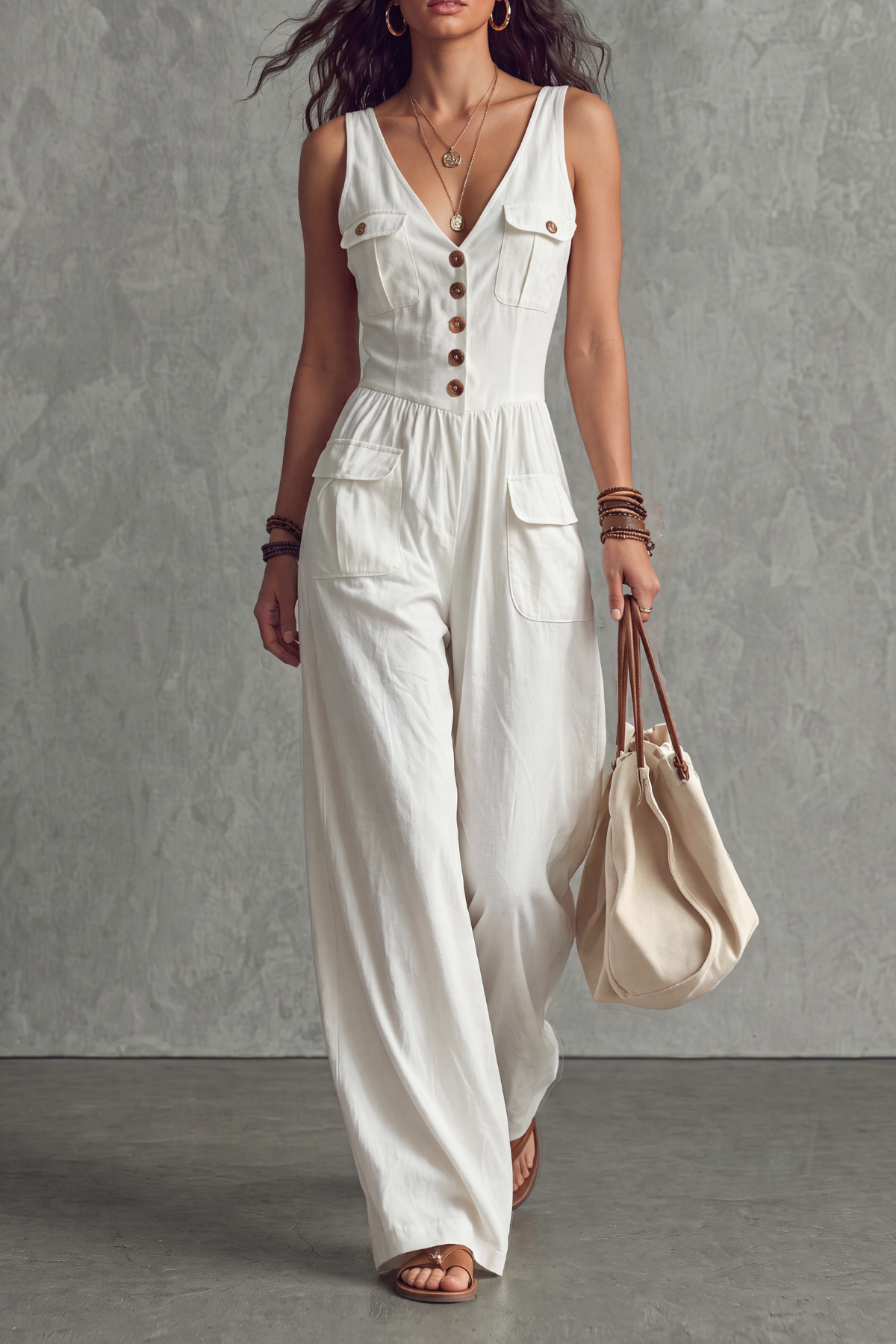 Norique V Neck Button Pockets Wide Jumpsuit