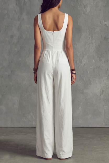 Norique V Neck Button Pockets Wide Jumpsuit