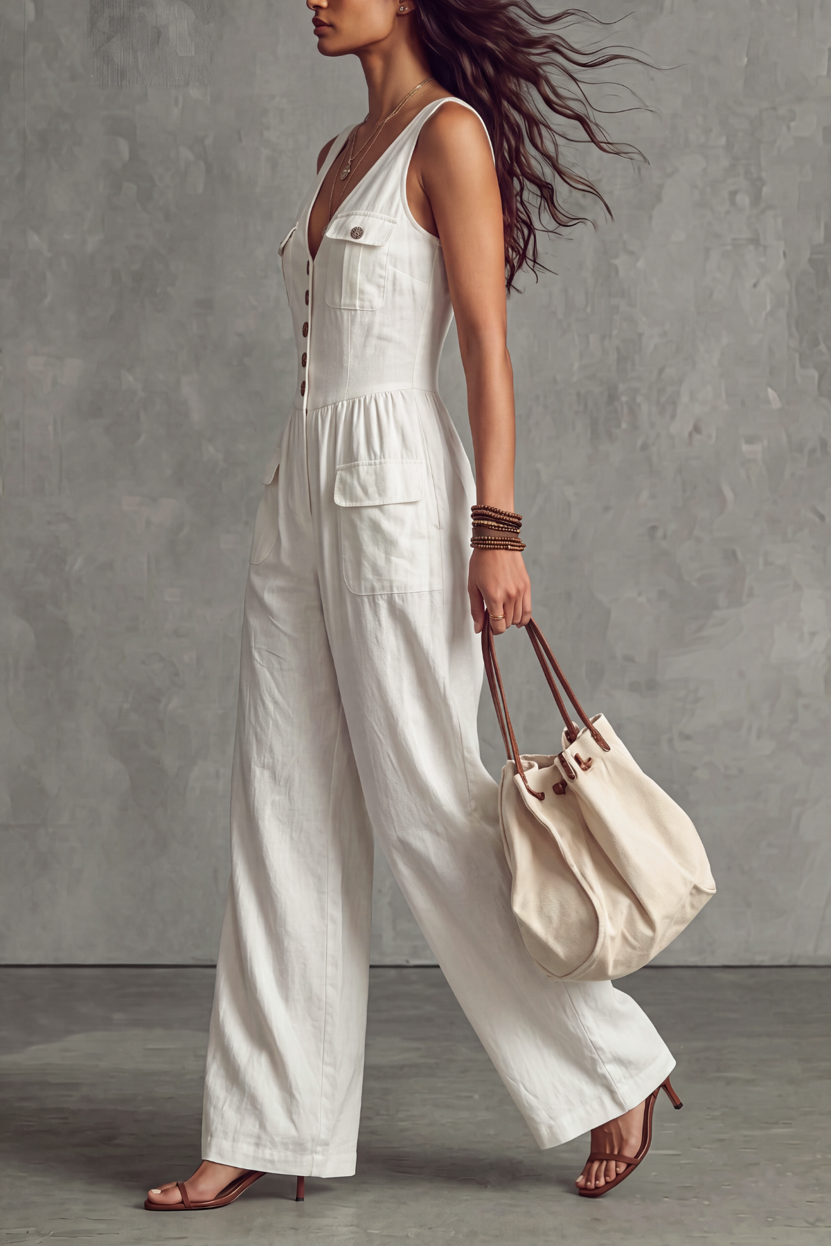 Norique V Neck Button Pockets Wide Jumpsuit