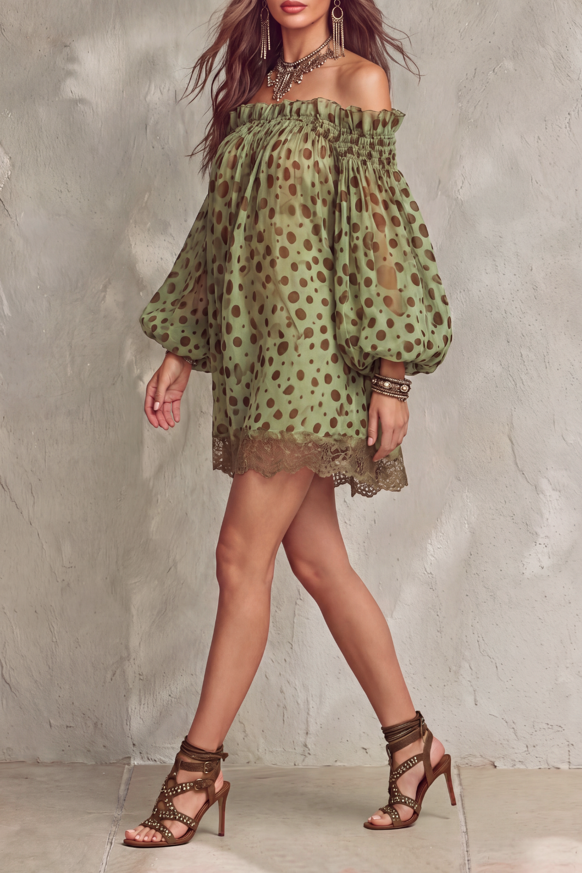 Astrixia Lace Dot Chiffon Mini Dress