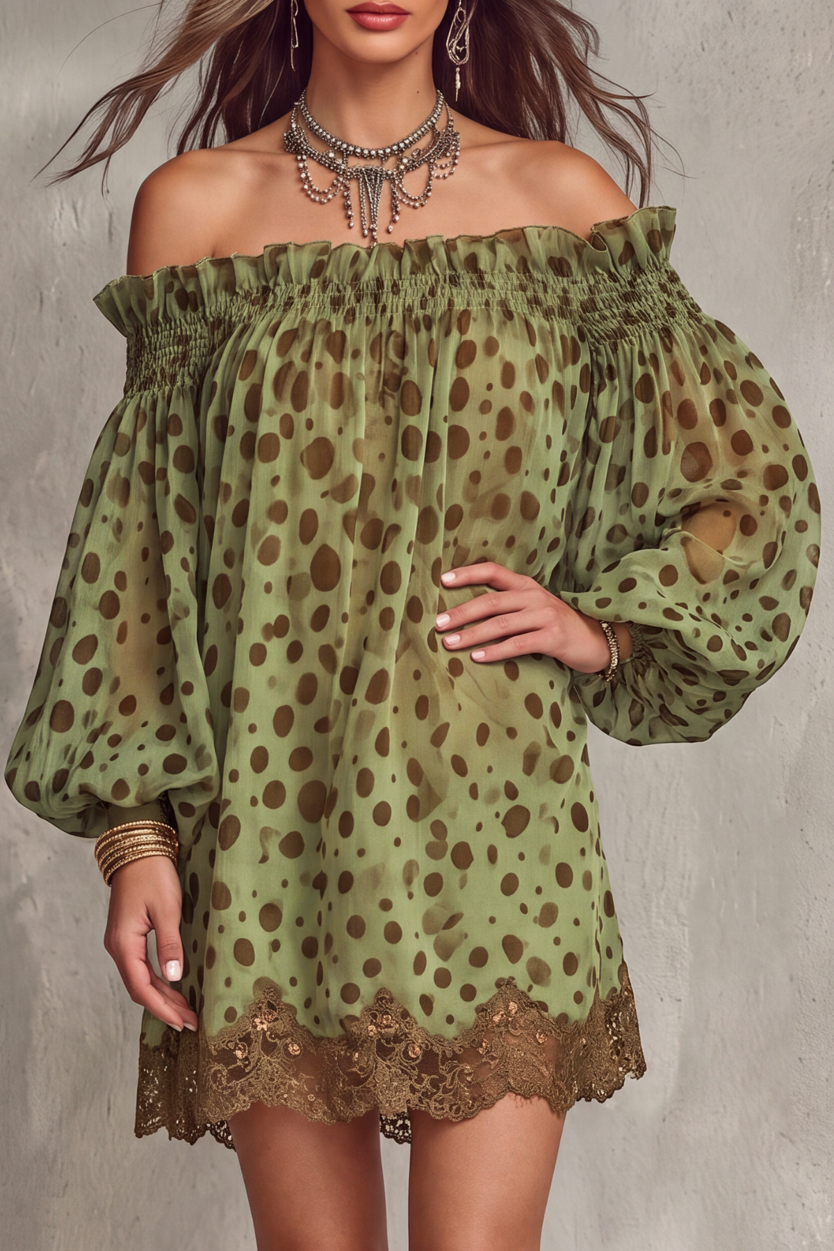 Astrixia Lace Dot Chiffon Mini Dress