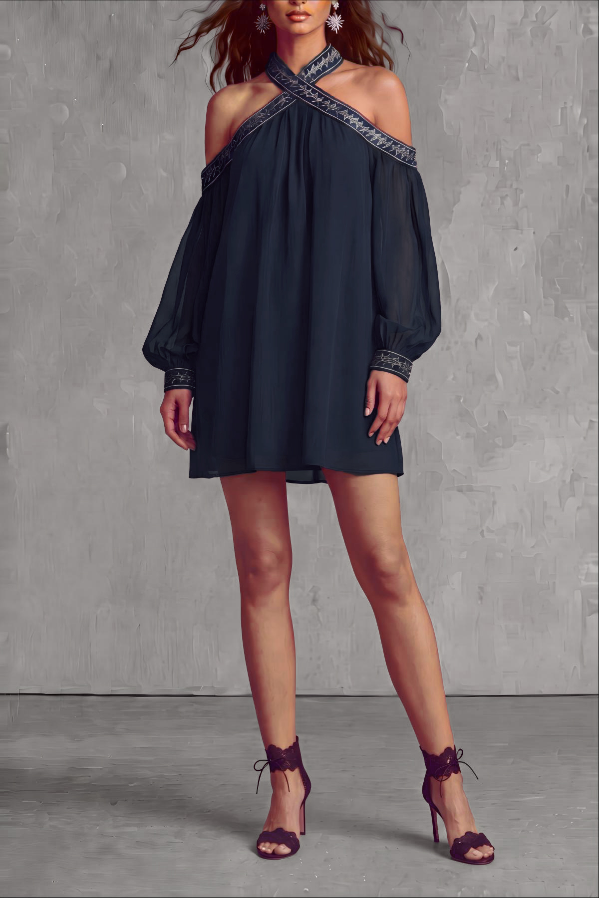 Novique Halter Neck Embroidered Mini Dress