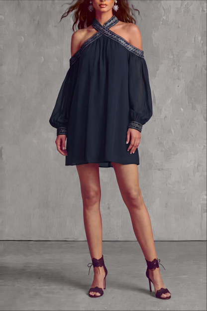 Novique Halter Neck Embroidered Mini Dress