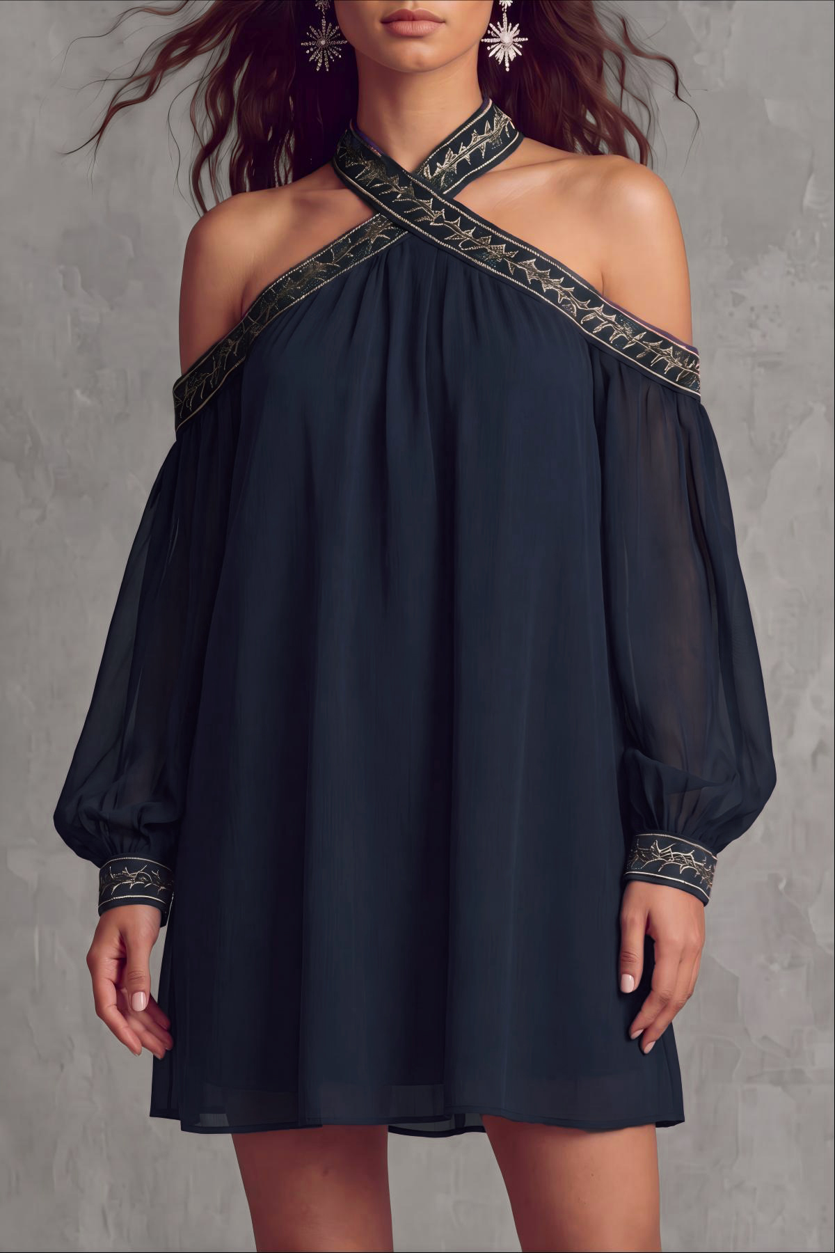 Novique Halter Neck Embroidered Mini Dress