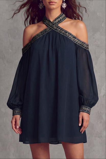 Novique Halter Neck Embroidered Mini Dress
