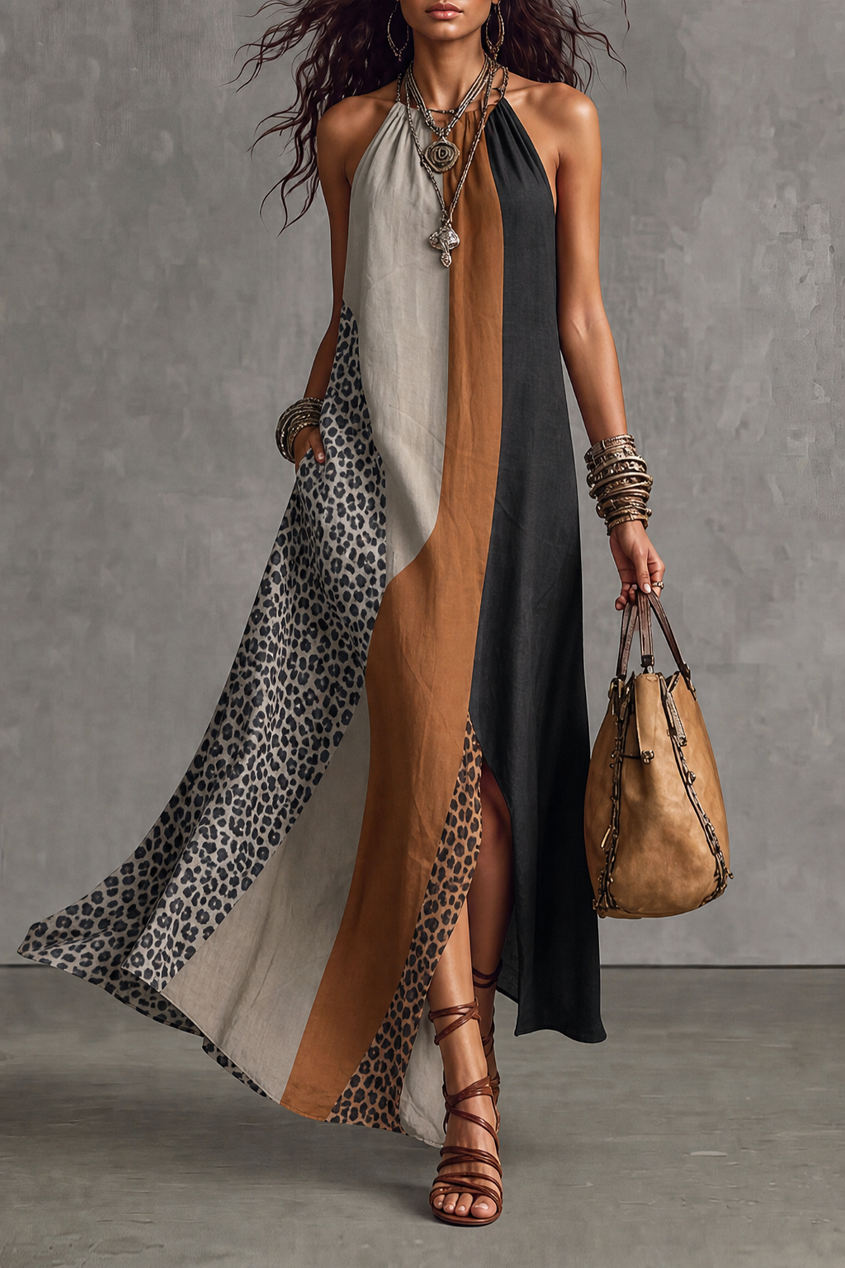 Orlavia Sleeveless Leopard Print Maxi Dress