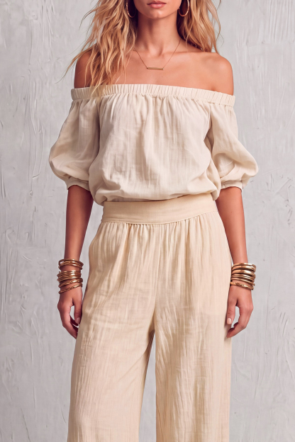 Osvella Off Shoulder Puff Sleeve Pants Set