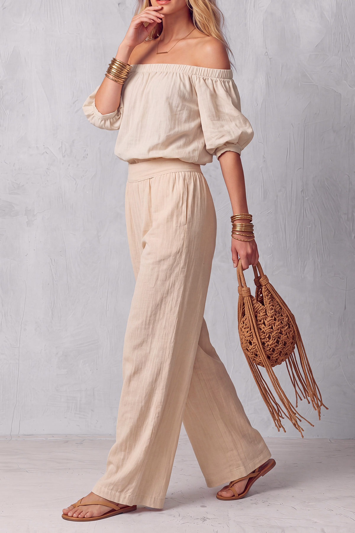 Osvella Off Shoulder Puff Sleeve Pants Set