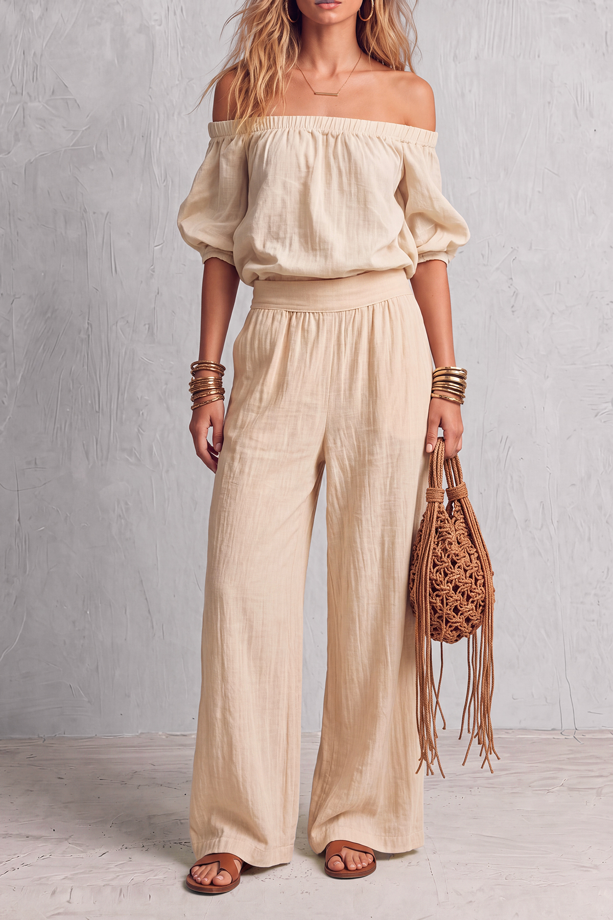 Osvella Off Shoulder Puff Sleeve Pants Set