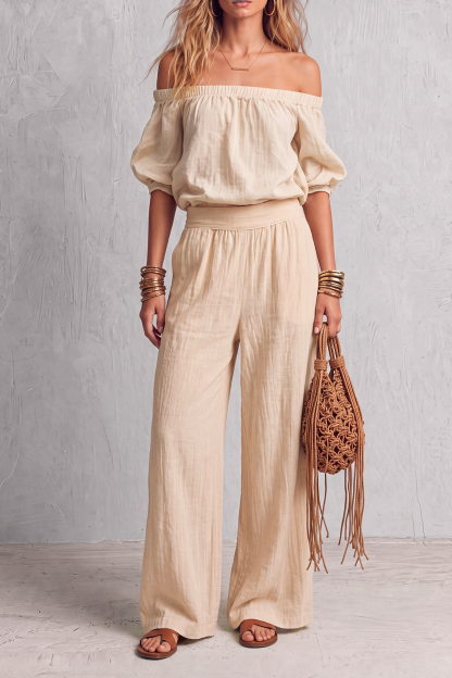 Osvella Off Shoulder Puff Sleeve Pants Set
