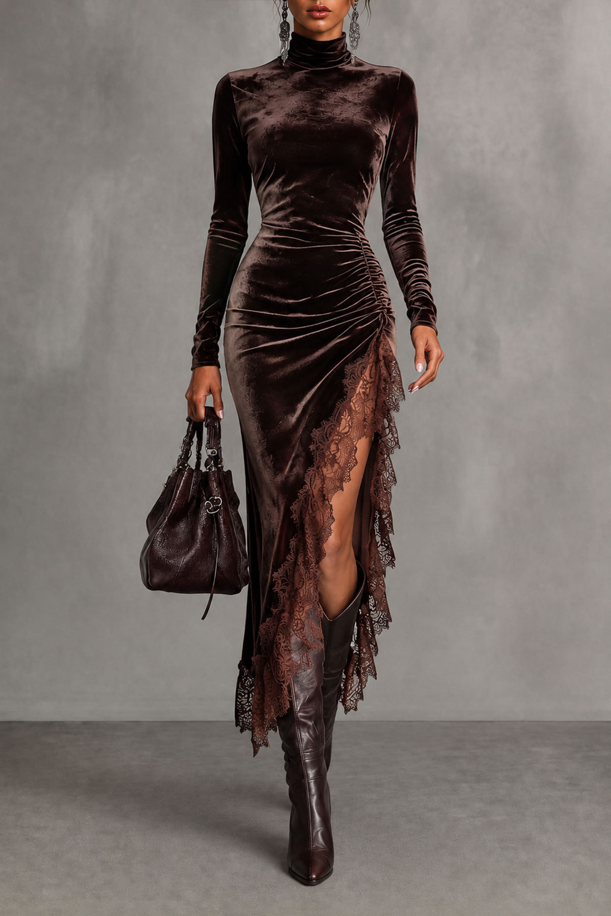 Ottilie Ruched Velvet Slit Lace Midi Dress