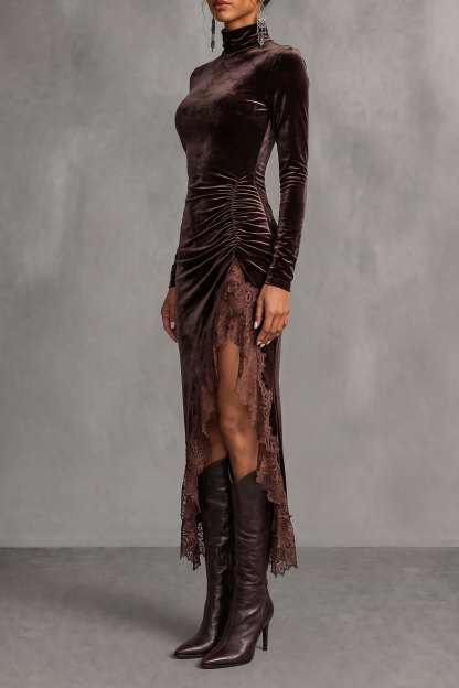 Ottilie Ruched Velvet Slit Lace Midi Dress