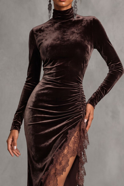 Ottilie Ruched Velvet Slit Lace Midi Dress