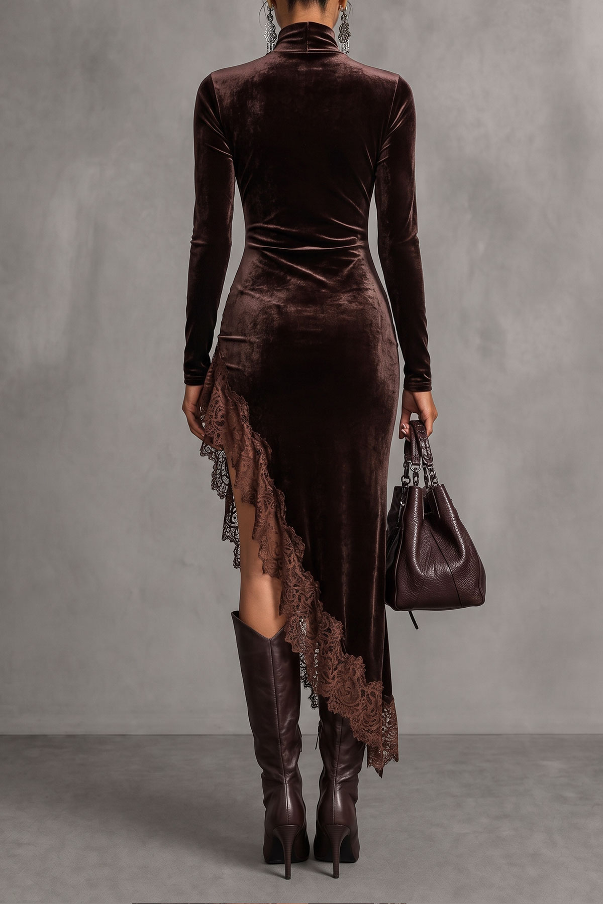 Ottilie Ruched Velvet Slit Lace Midi Dress