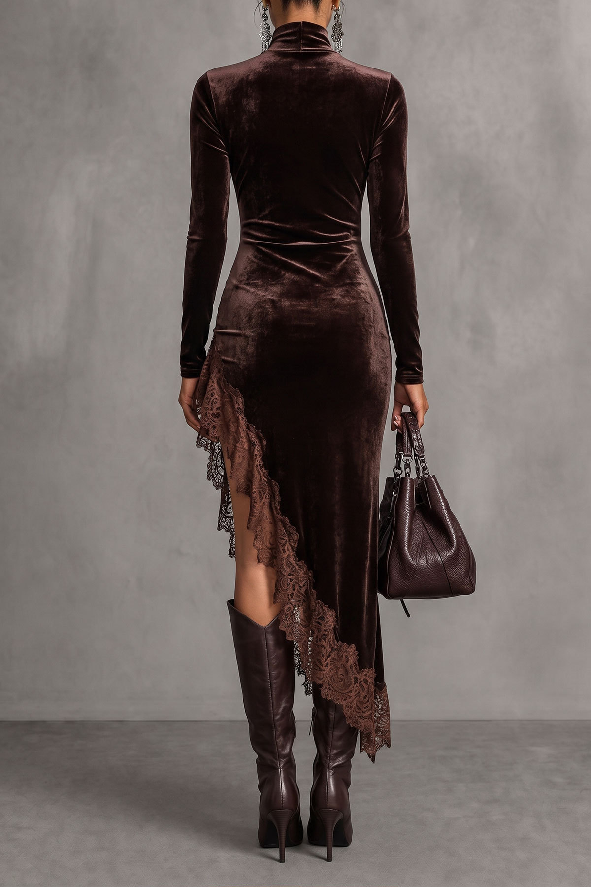 Ottilie Ruched Velvet Slit Lace Midi Dress