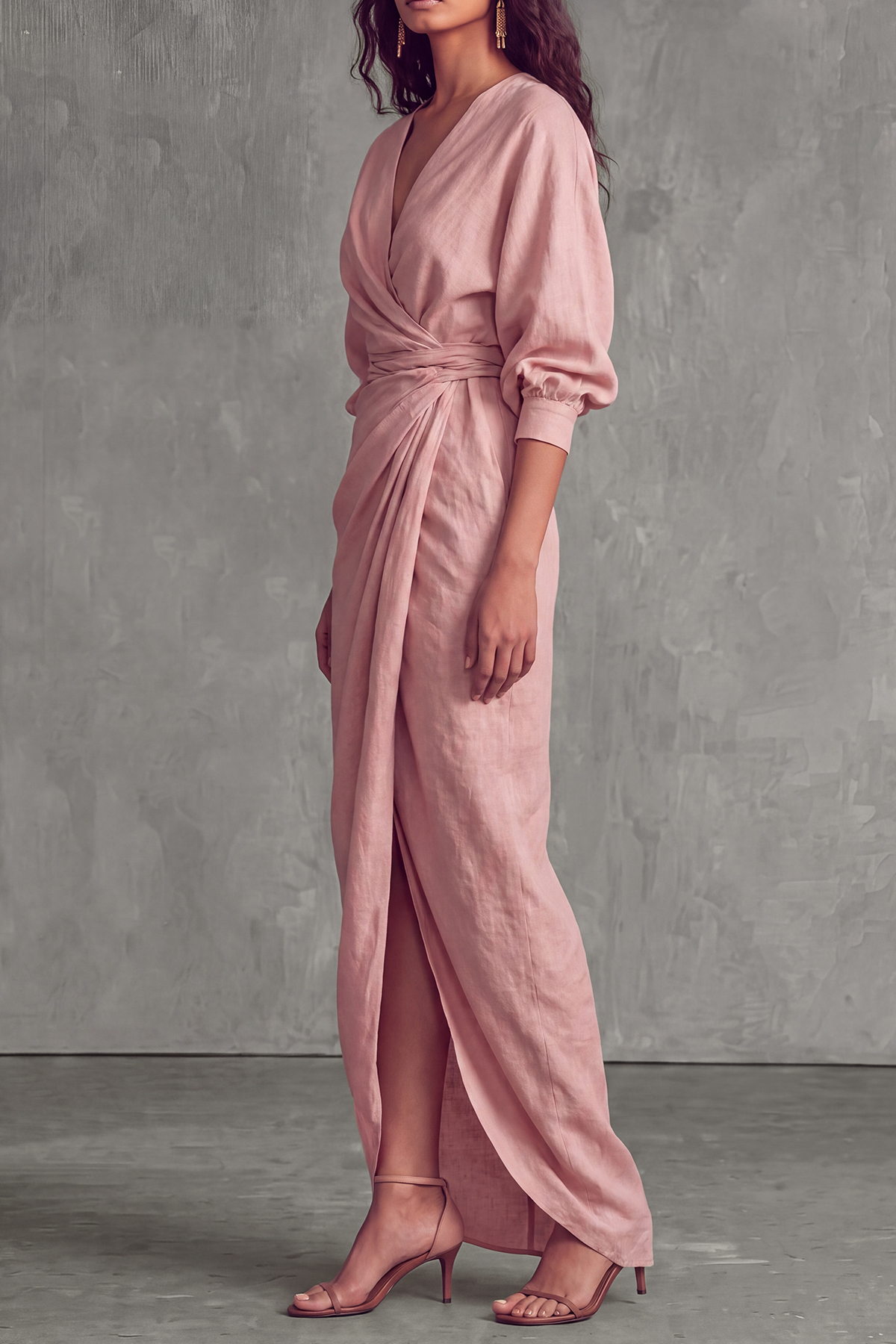 Parker Plunge Neck Knot Slit Maxi Dress In Pink