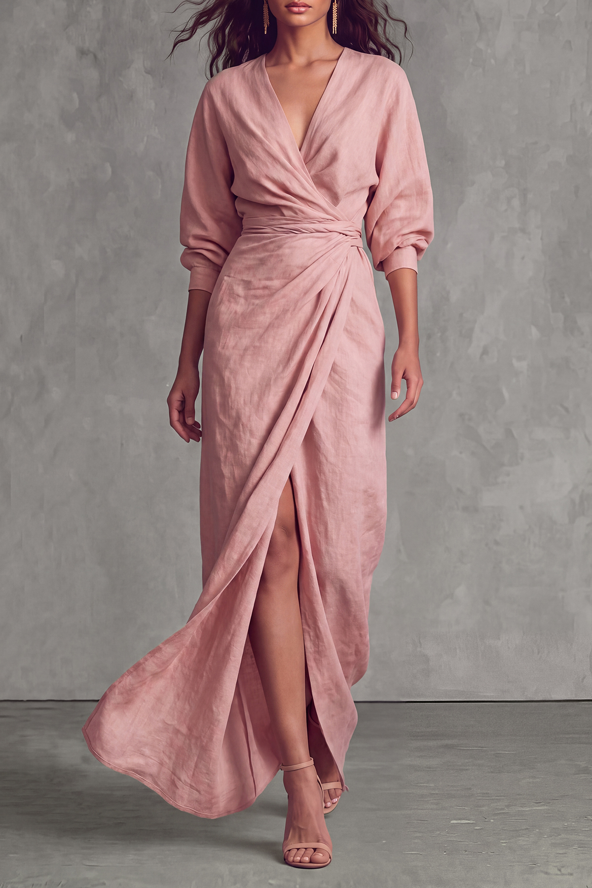 Parker Plunge Neck Knot Slit Maxi Dress In Pink