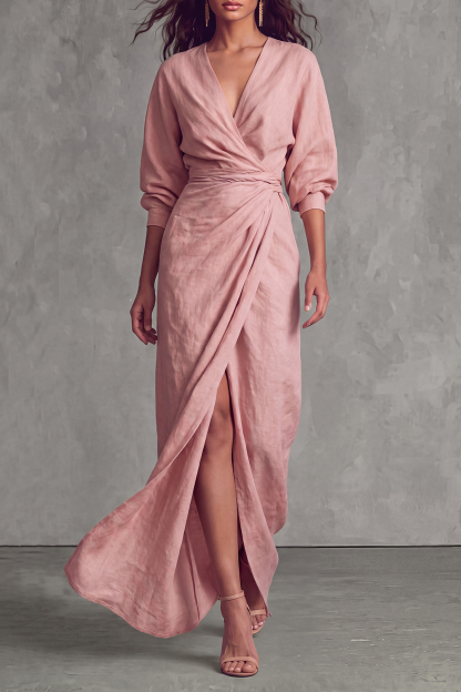 Parker Plunge Neck Knot Slit Maxi Dress In Pink