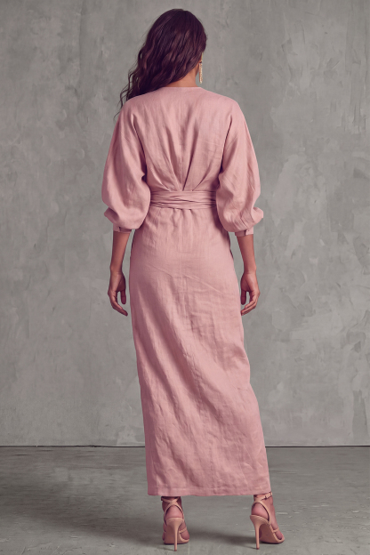 Parker Plunge Neck Knot Slit Maxi Dress In Pink