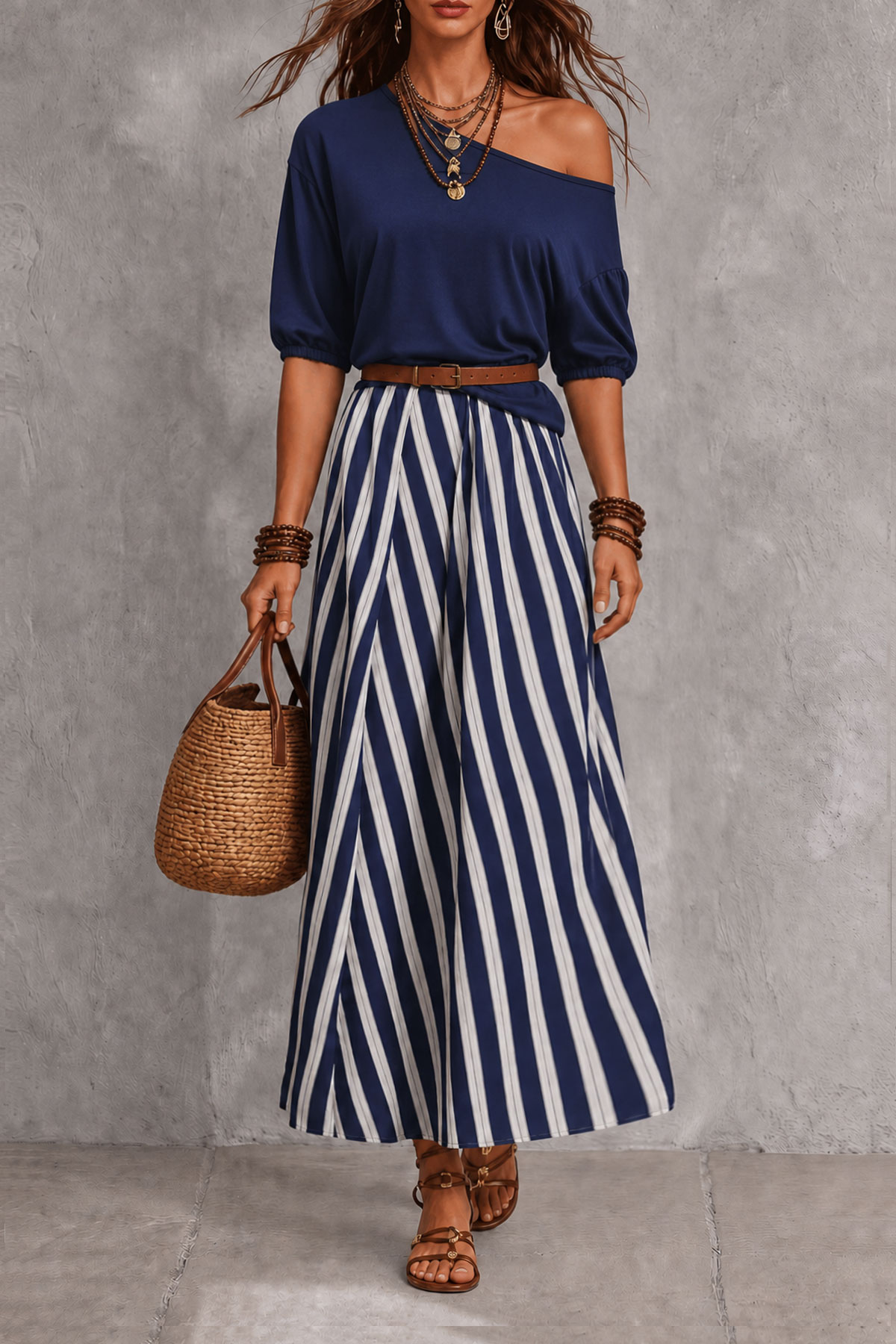 Pavienne Off Shoulder Stripe Maxi Skirt Set