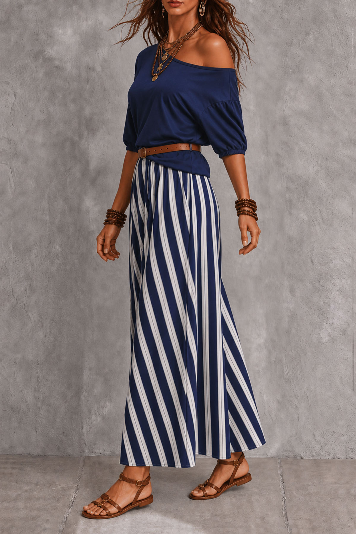 Pavienne Off Shoulder Stripe Maxi Skirt Set