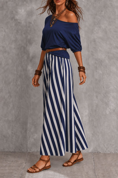Pavienne Off Shoulder Stripe Maxi Skirt Set