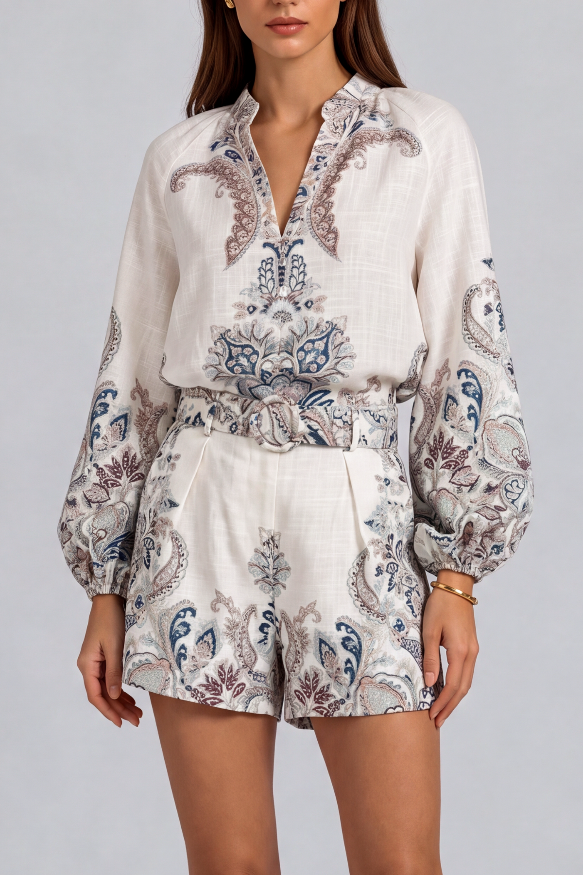 Poppy Stand Collar Floral Shorts Set In Grey