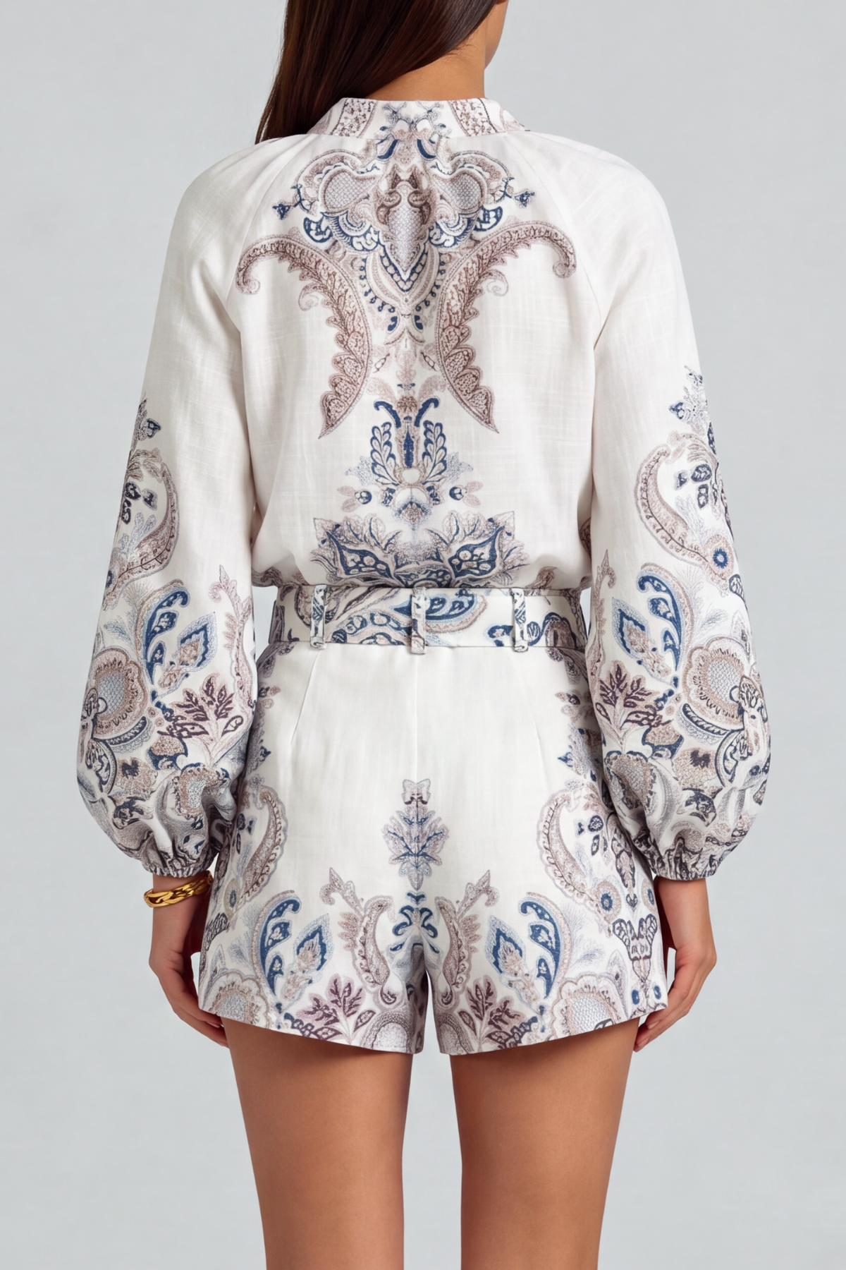 Poppy Stand Collar Floral Shorts Set In Grey