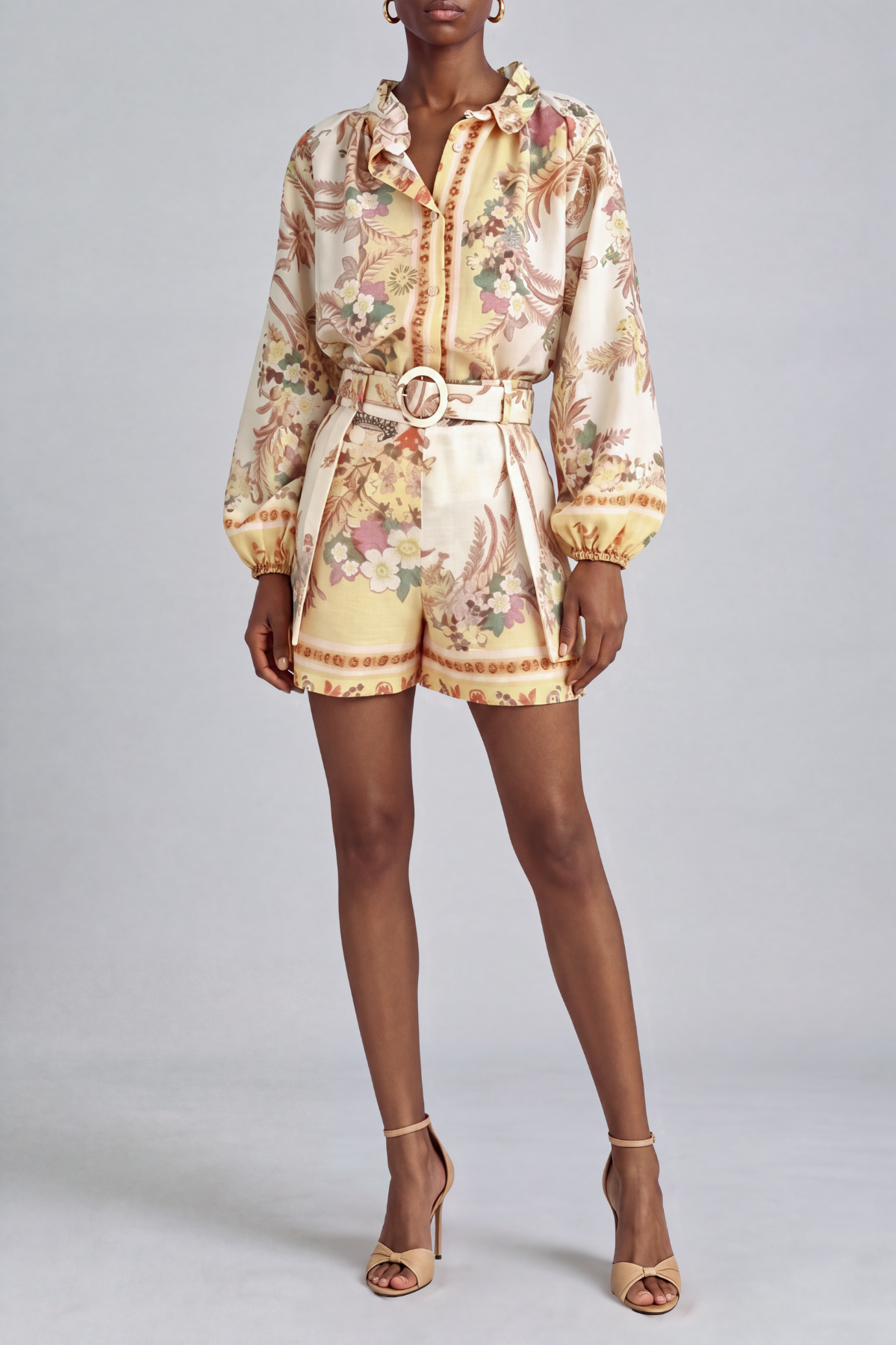 Poppy Stand Collar Floral Shorts Set In Yellow