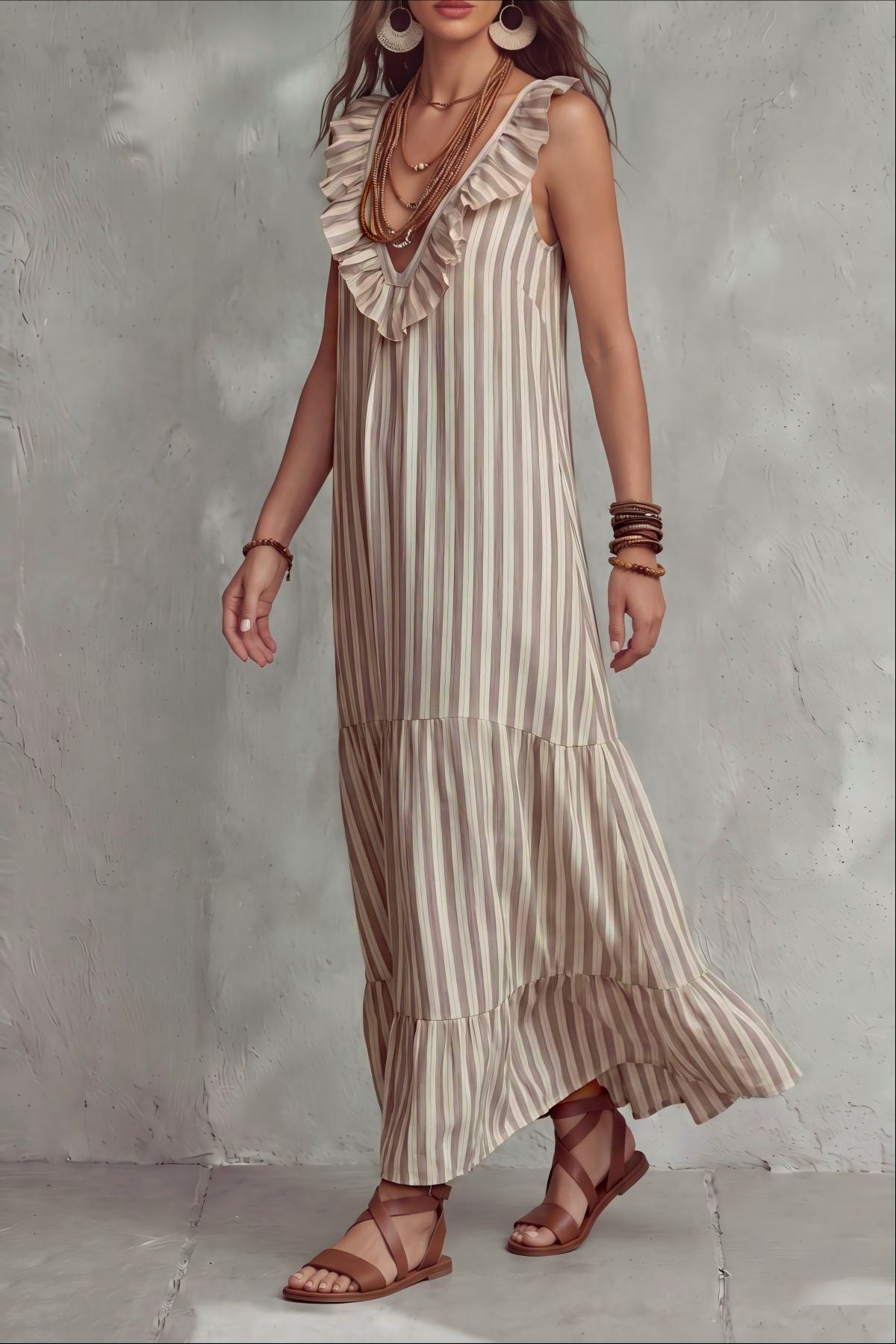 Quenara V Neck Ruffle Trim Stripe Maxi Dress