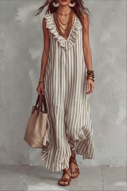 Quenara V Neck Ruffle Trim Stripe Maxi Dress