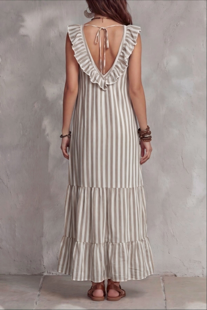 Quenara V Neck Ruffle Trim Stripe Maxi Dress