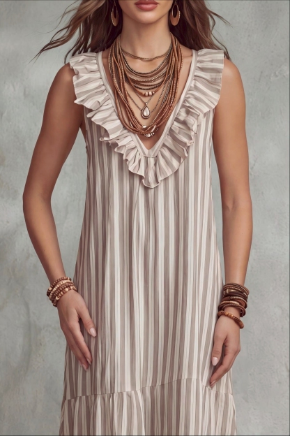 Quenara V Neck Ruffle Trim Stripe Maxi Dress