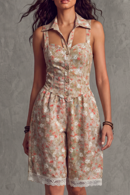 Quivella Floral Buttons Lace Jumpsuit