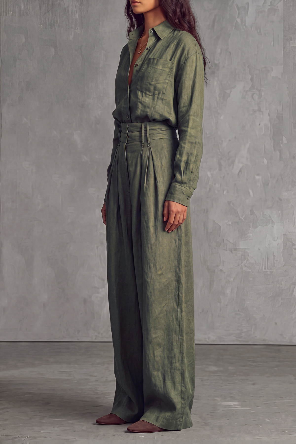 Reed Shirt Pleated Wide Leg Pants Set