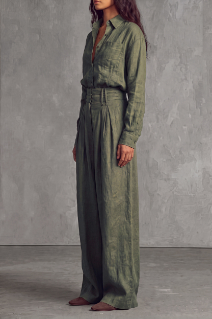 Reed Shirt Pleated Wide Leg Pants Set