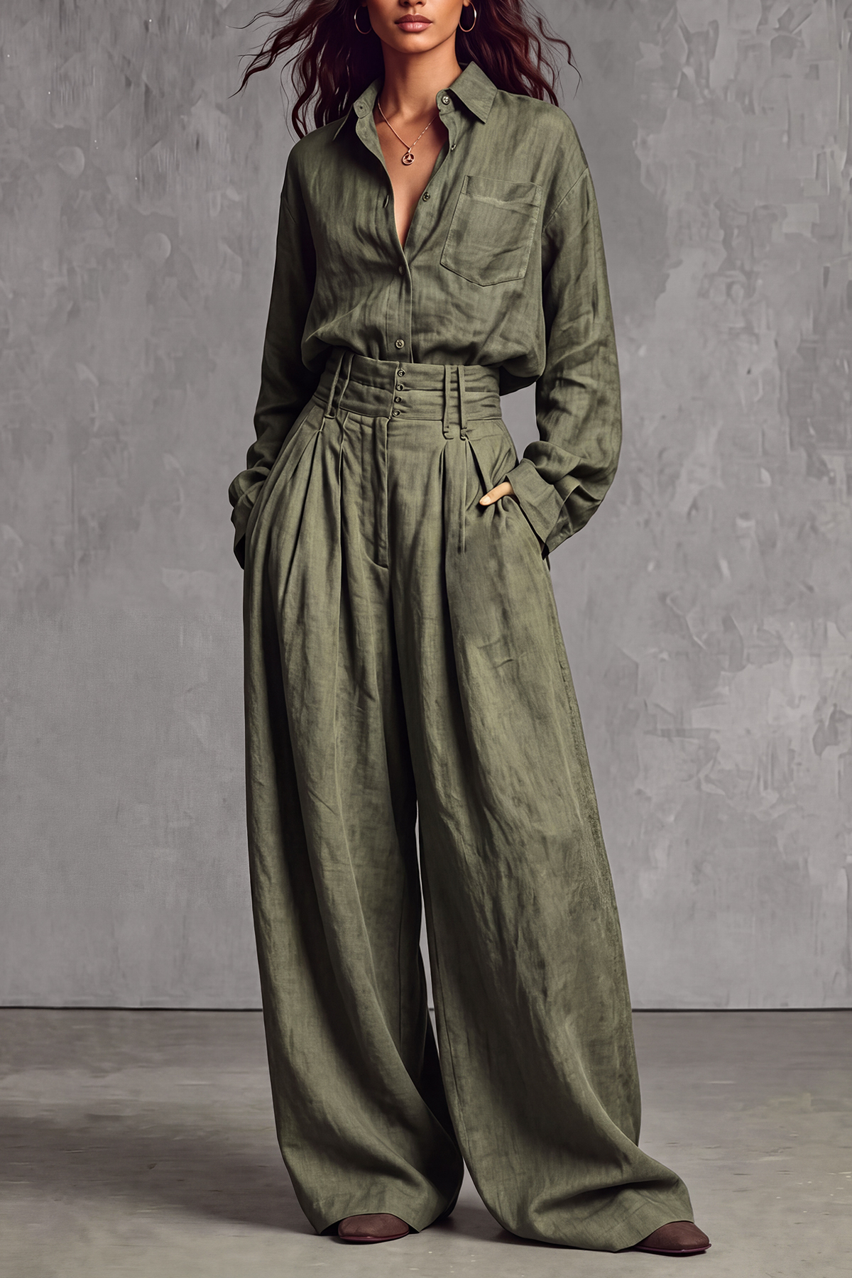 Reed Shirt Pleated Wide Leg Pants Set