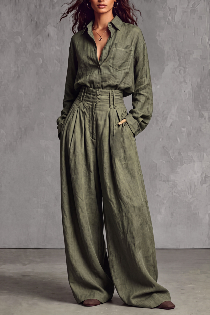 Reed Shirt Pleated Wide Leg Pants Set