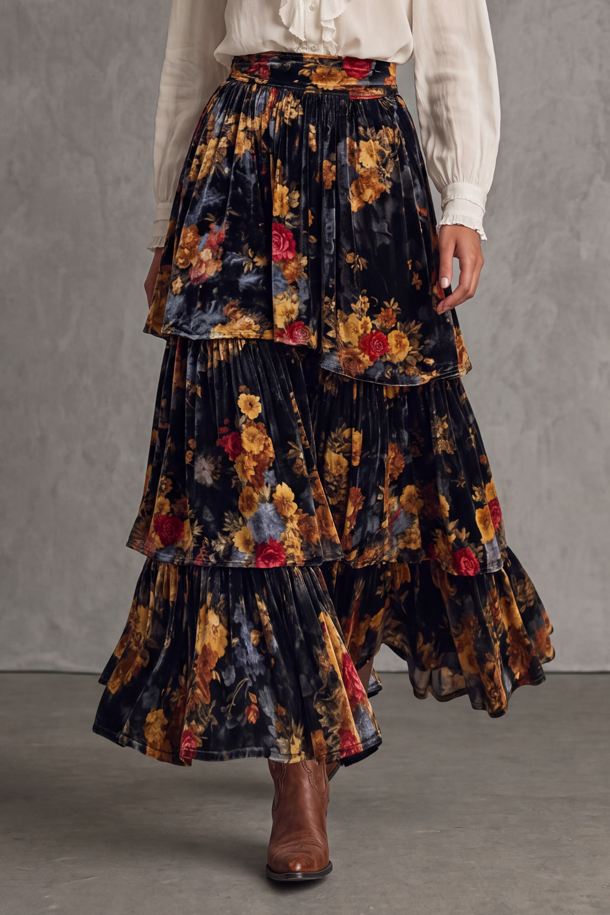 Rosavia Floral Tiered Ruffle Hem Maxi Skirt