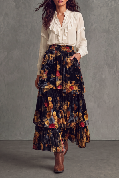 Rosavia Floral Tiered Ruffle Hem Maxi Skirt