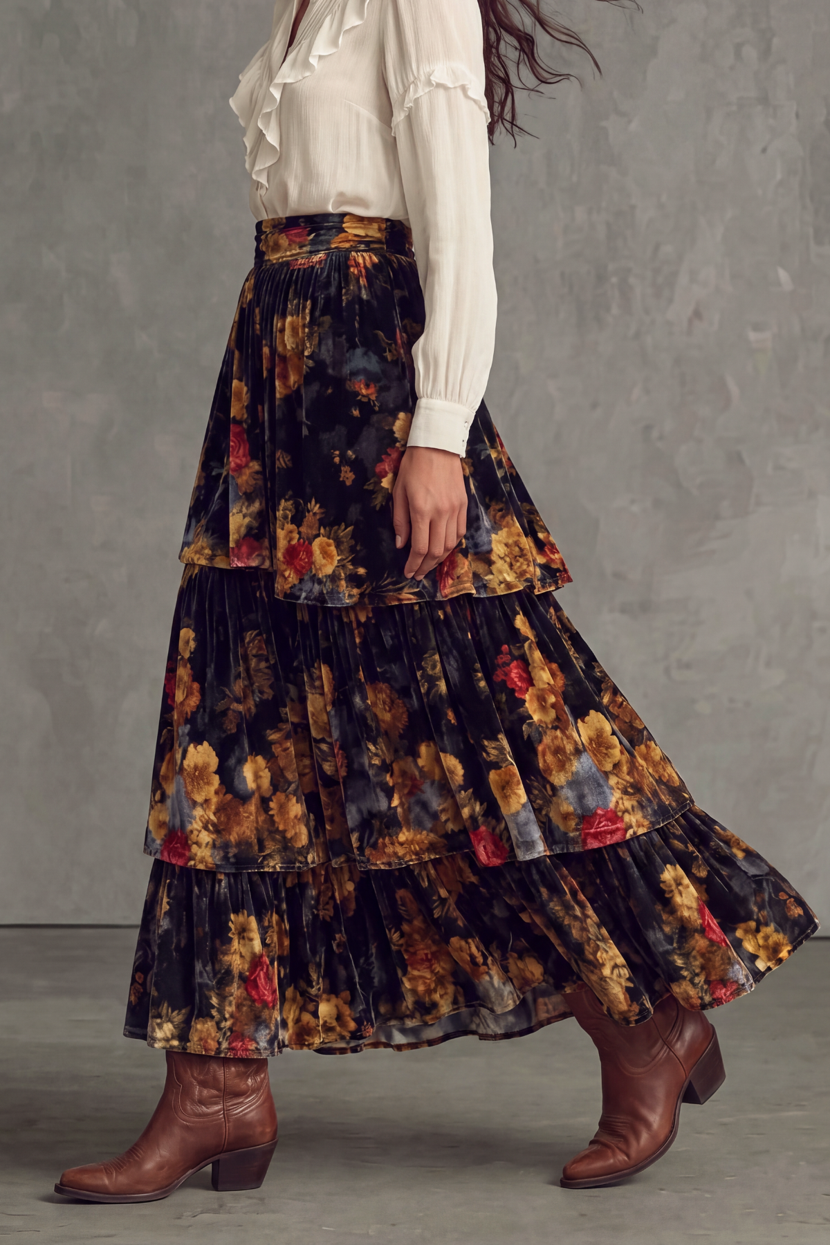 Rosavia Floral Tiered Ruffle Hem Maxi Skirt