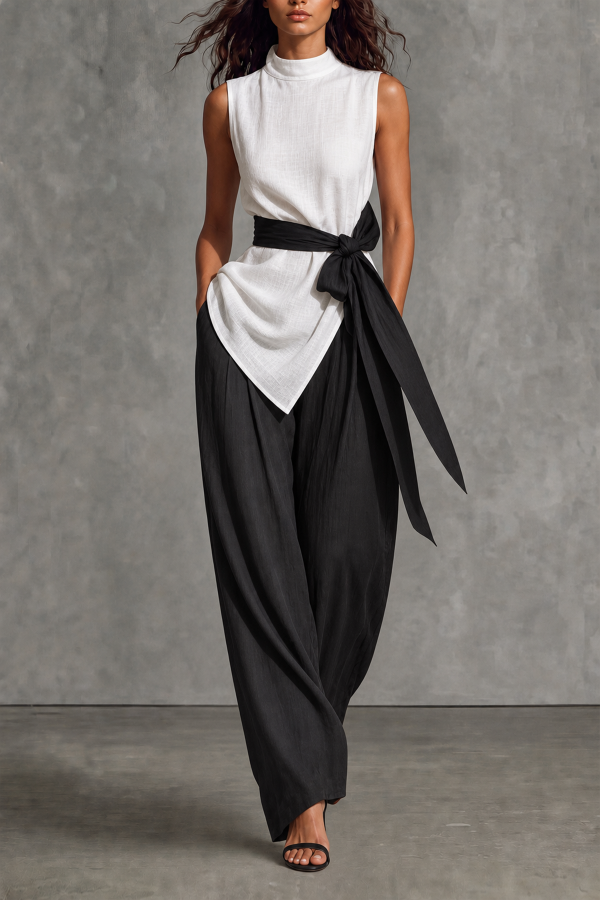Rosvian Tie Waist Wide Leg Pants Set