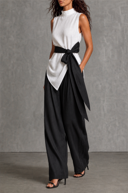 Rosvian Tie Waist Wide Leg Pants Set