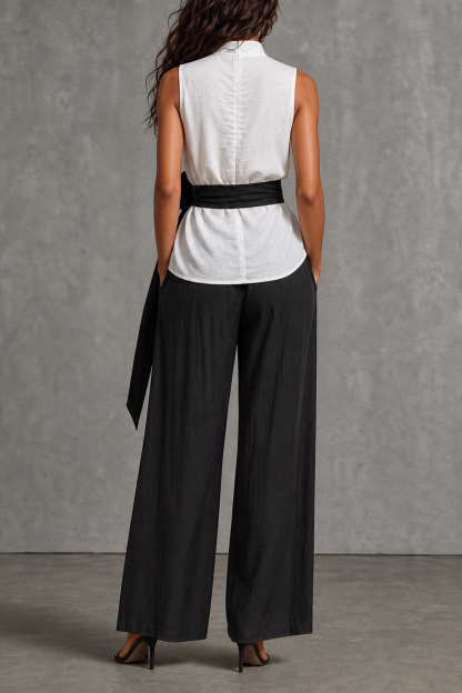 Rosvian Tie Waist Wide Leg Pants Set