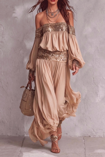 Rovena Off Shoulder Sequin Chiffon Pants Set