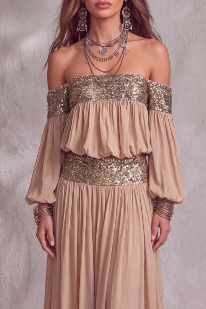 Rovena Off Shoulder Sequin Chiffon Pants Set
